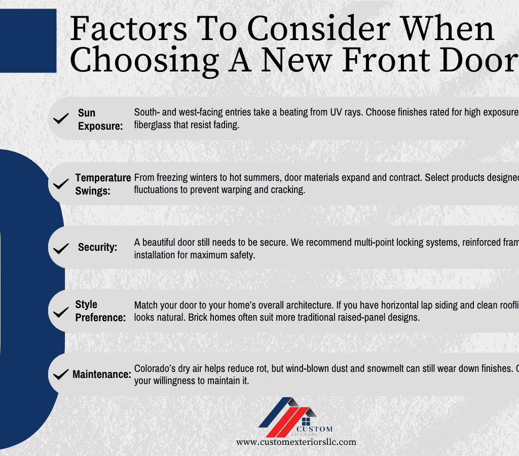 Infographic made by Custom Exteriors with factors that should influence your choice of replacement doors