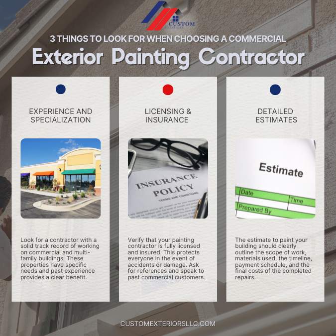 Infographic created by Custom Exteriors explaining 3 top things to look for in a commercial painter