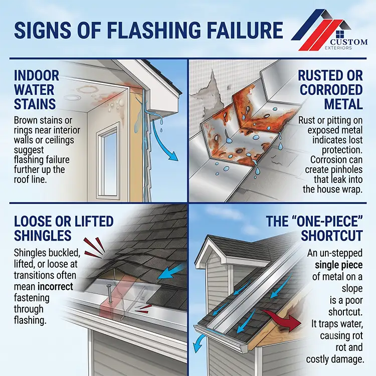 Signs of failing flashing diagram - Custom Exteriors, LLC Indoor water stains near interior wall indicating roof flashing failure that leaks indoors.