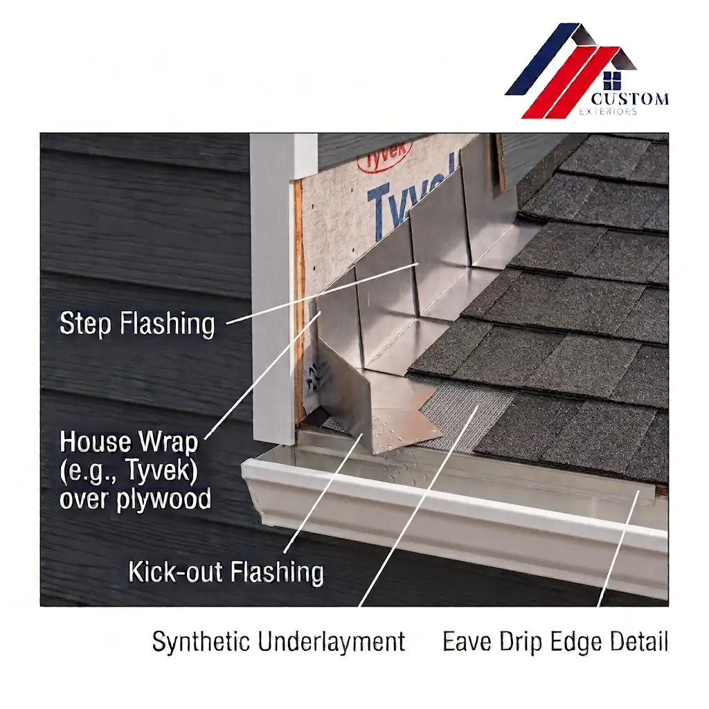 A diagram designed by Custom Exteriors to show a visual representation of how step flashing works when installed on a roof.