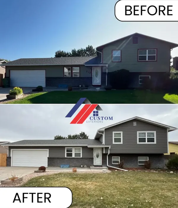 Photos of the before and after of an LP SmartSide siding replacement by Custom Exteriors in Fort Morgan.